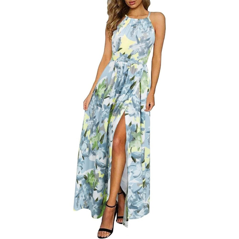 Women 2024 Summer Maxi Dress Casual Floral Halter Neck Beach Hawaiian Outfits